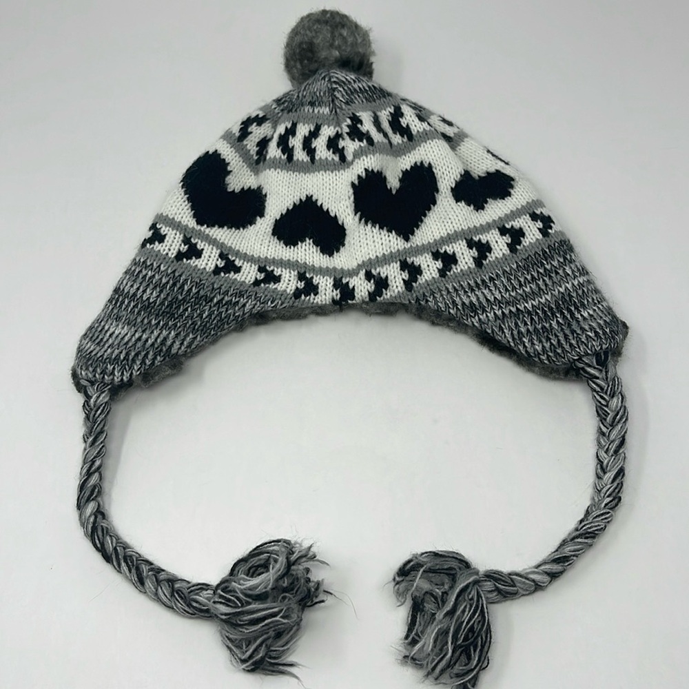 Knit Beanie Hat with Ear Flaps. Top Pom Pom. Hearts. Faux Fur.